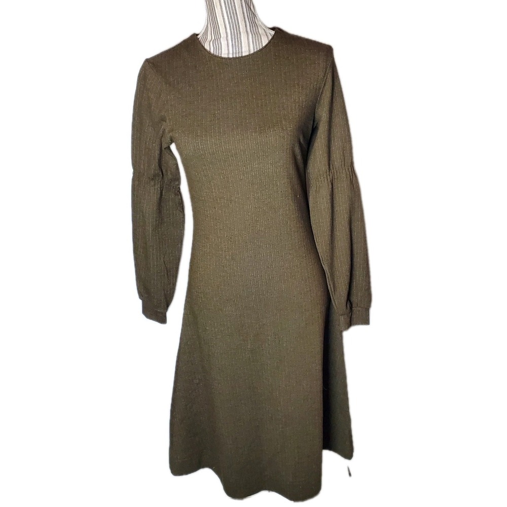 Ruby Wool Blend Dress Baloon Longsleeve A Line Olive Green Pin Striped Sz XS